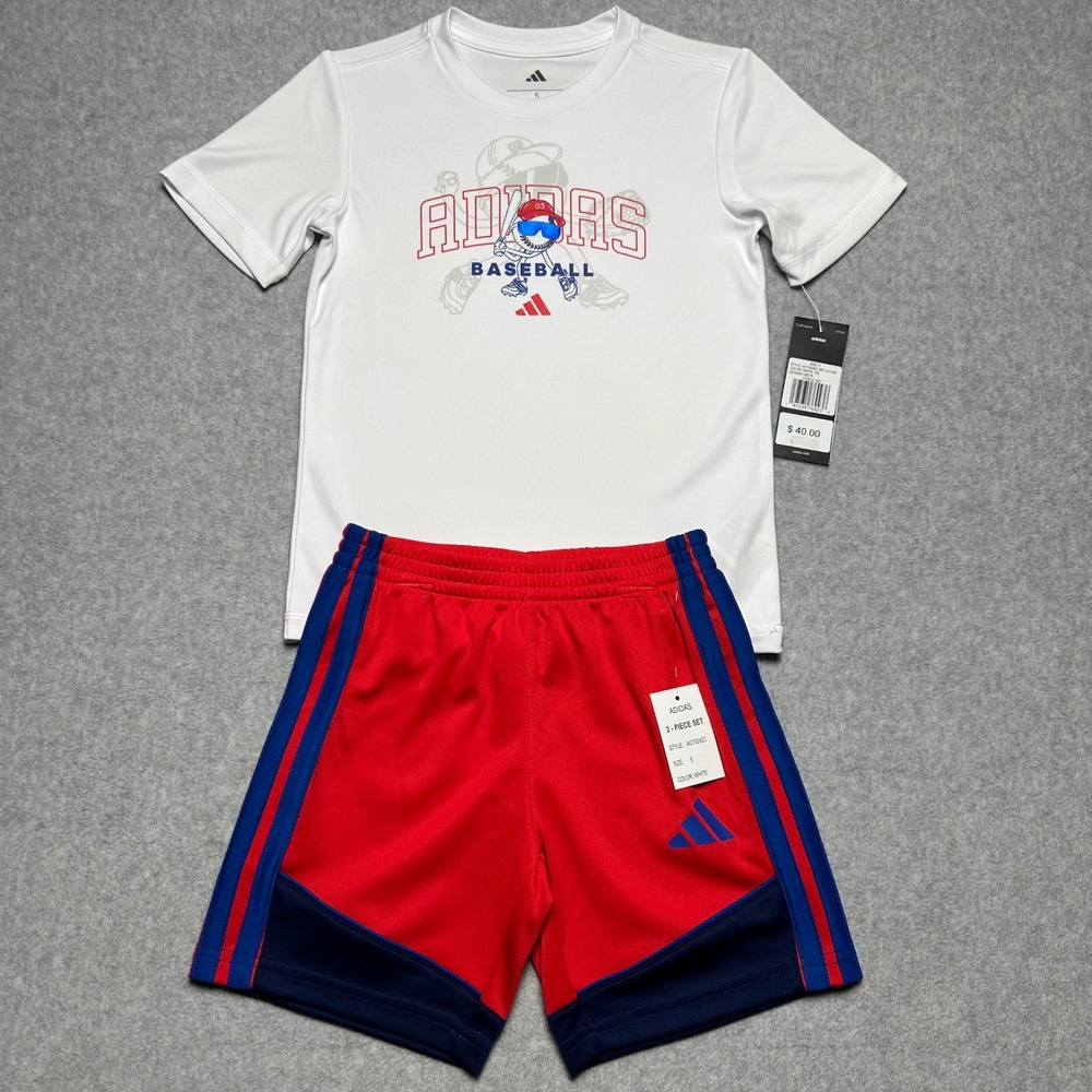 Adidas Boys 2-Piece Baseball T-Shirt and Shorts Set White Red Size 5 AG10242C